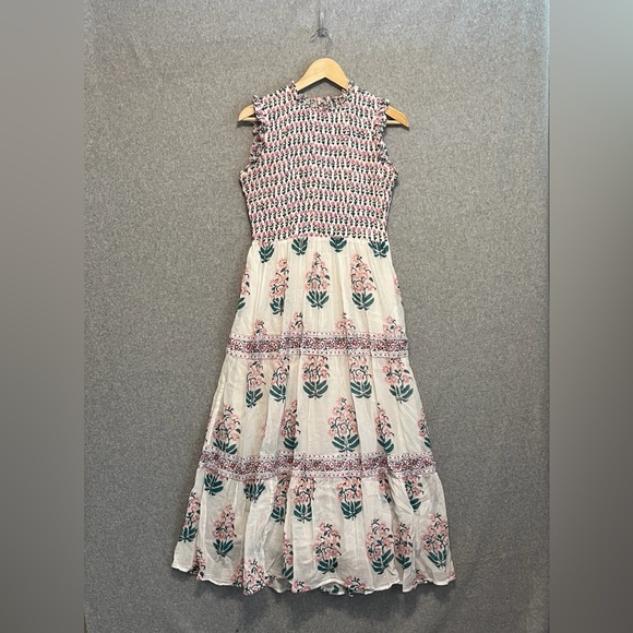 Oliphant Smocked Sleeveless Ruffle Neck Midi Maxi Block Print Dress Tuckernuck - Picture 2 of 15